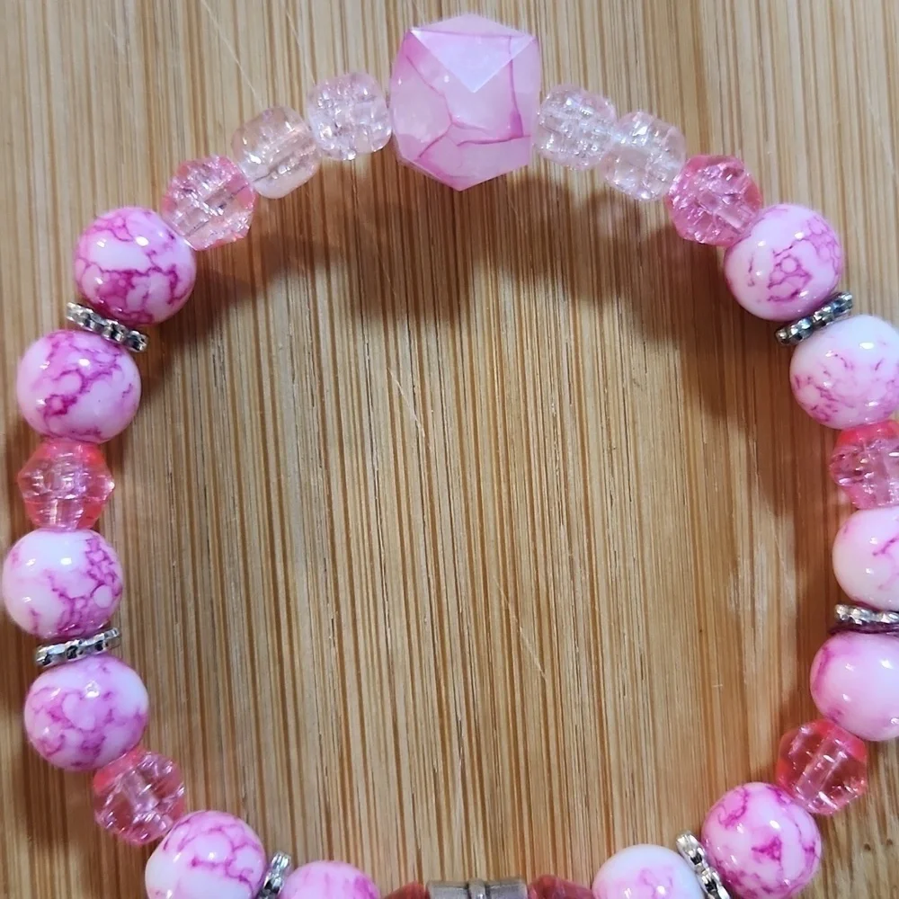 Hand Crafted Stretch Bracelet Pink Beads Silver I Love God Charm